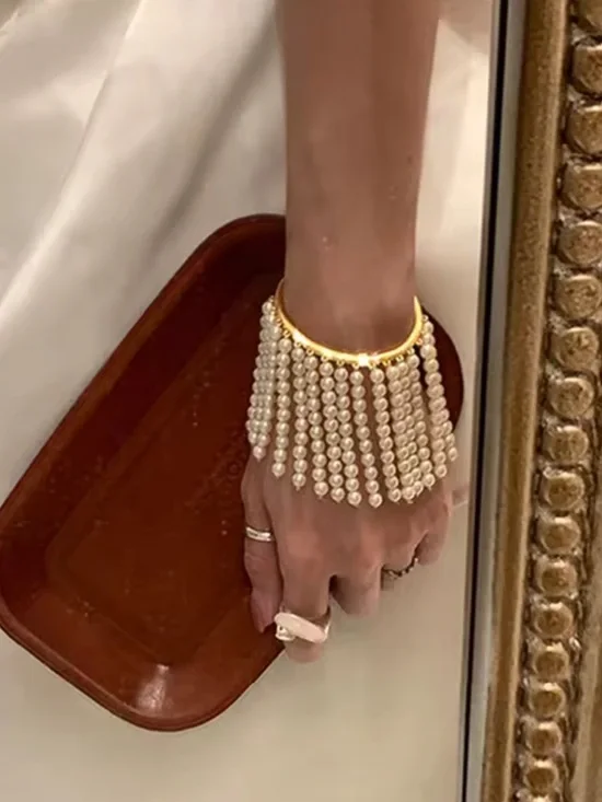 Anthropologie Gold Cuff Pearl Fringe Bracelet - White Pearls - Picture 2 of 6